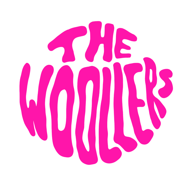 Shows the a typography style logo of The Woollers in bright pink